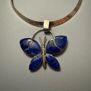 Lapis and Sterling silver butterfly with nice sterling herringbone chain 17 in